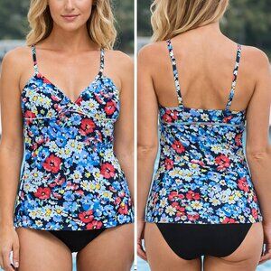 Lands' End Floral Swim Tankini (Top Only) Red, Blue, White Sz 4 NEW Preppy